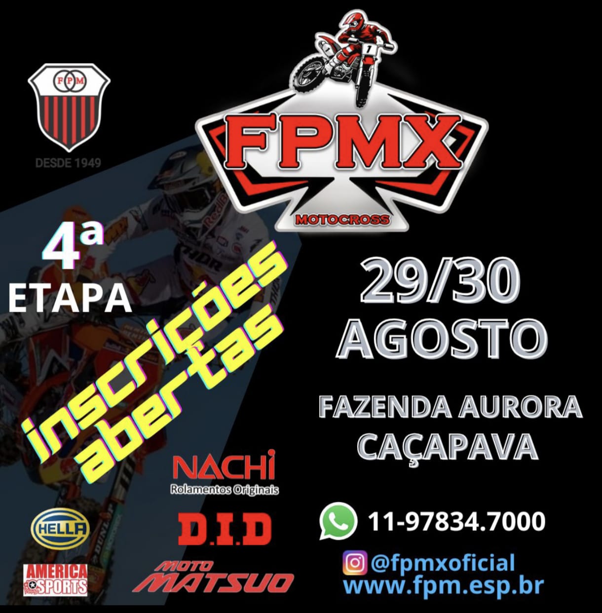 Inscrições online: 29/08/2026 e 30/08/2026  - 4ª ETAPA CAMPEONATO PAULISTA FPMX MOTOCROSS 2026